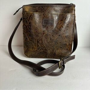 Vintage Y2K Relic Brown Leather Crossbody Purse Paisley Embossed Tooled Buckle